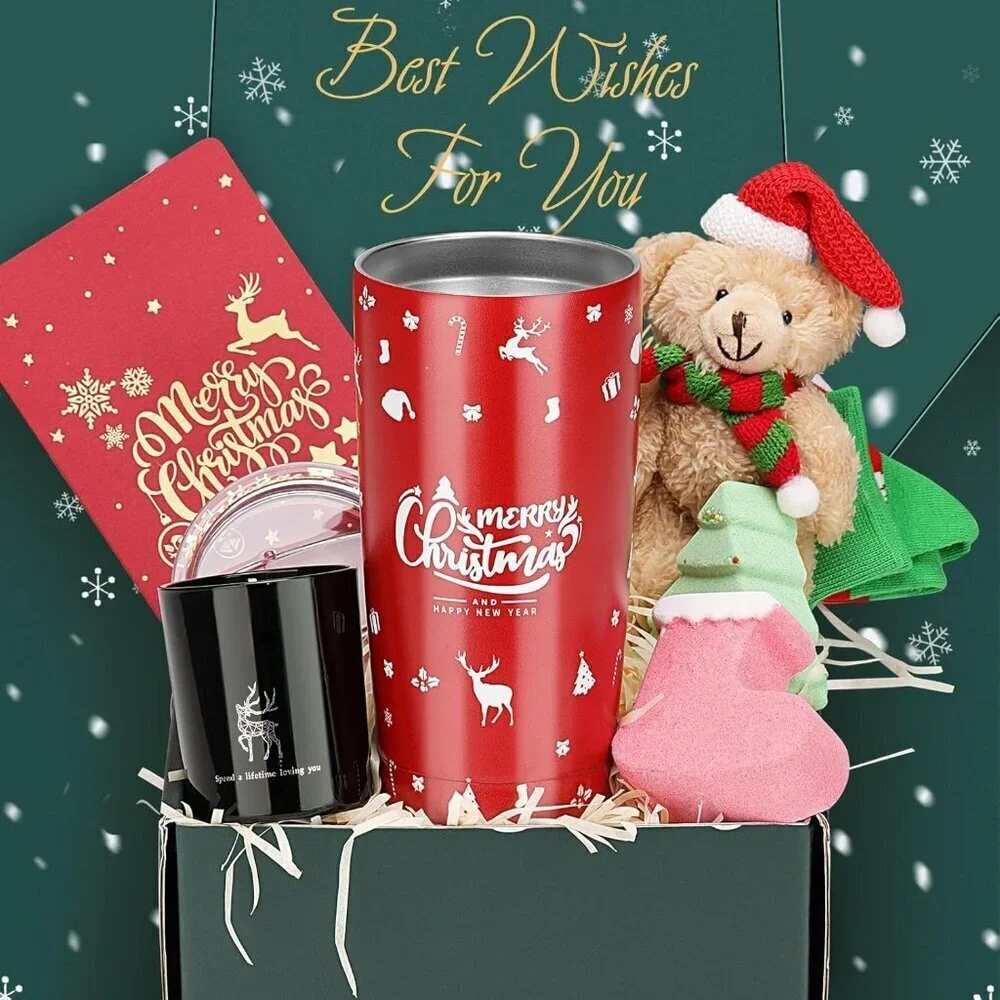 7pc Christmas Gift Set for Women Spa Kit with Tumbler Holiday Basket Self Care